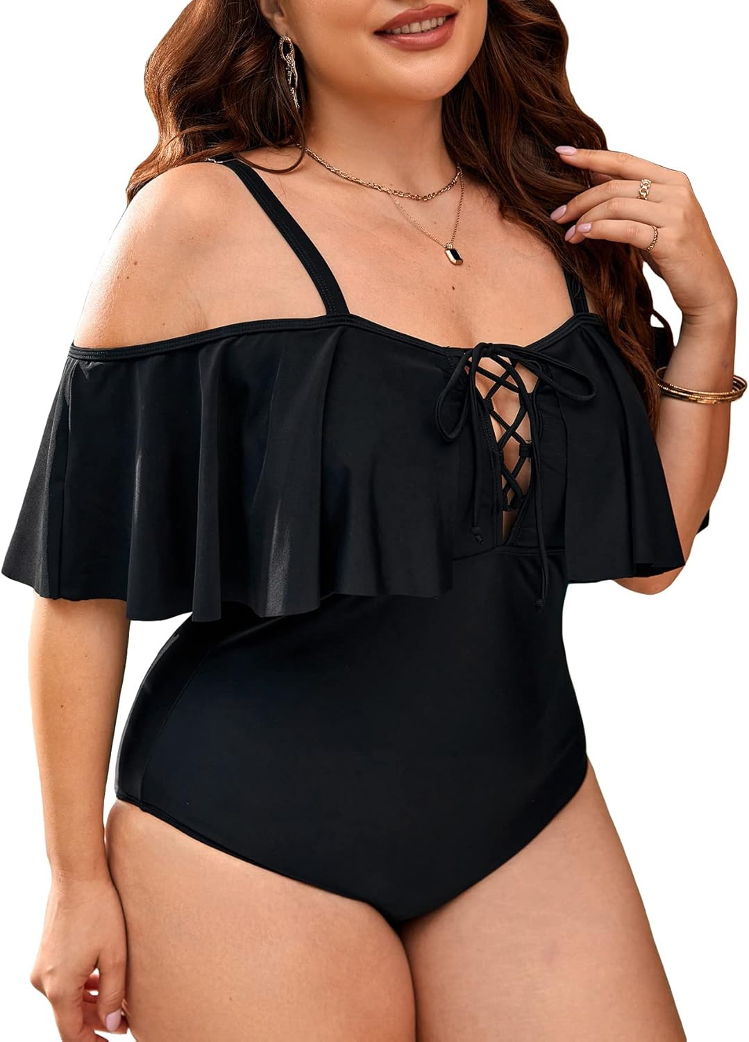 WDIRARA Women's Plus Size Lace Up Off Shoulder Ruffle Trim One Piece Swimsuits Monokini | Amazon (US)