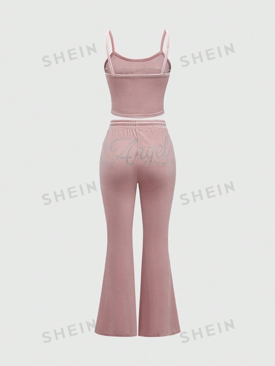 ROMWE J-Fashion 2pcs/Set Y2K Retro Rhinestone Letter Velvet Crop Top And Shorts Set For Women | SHEIN