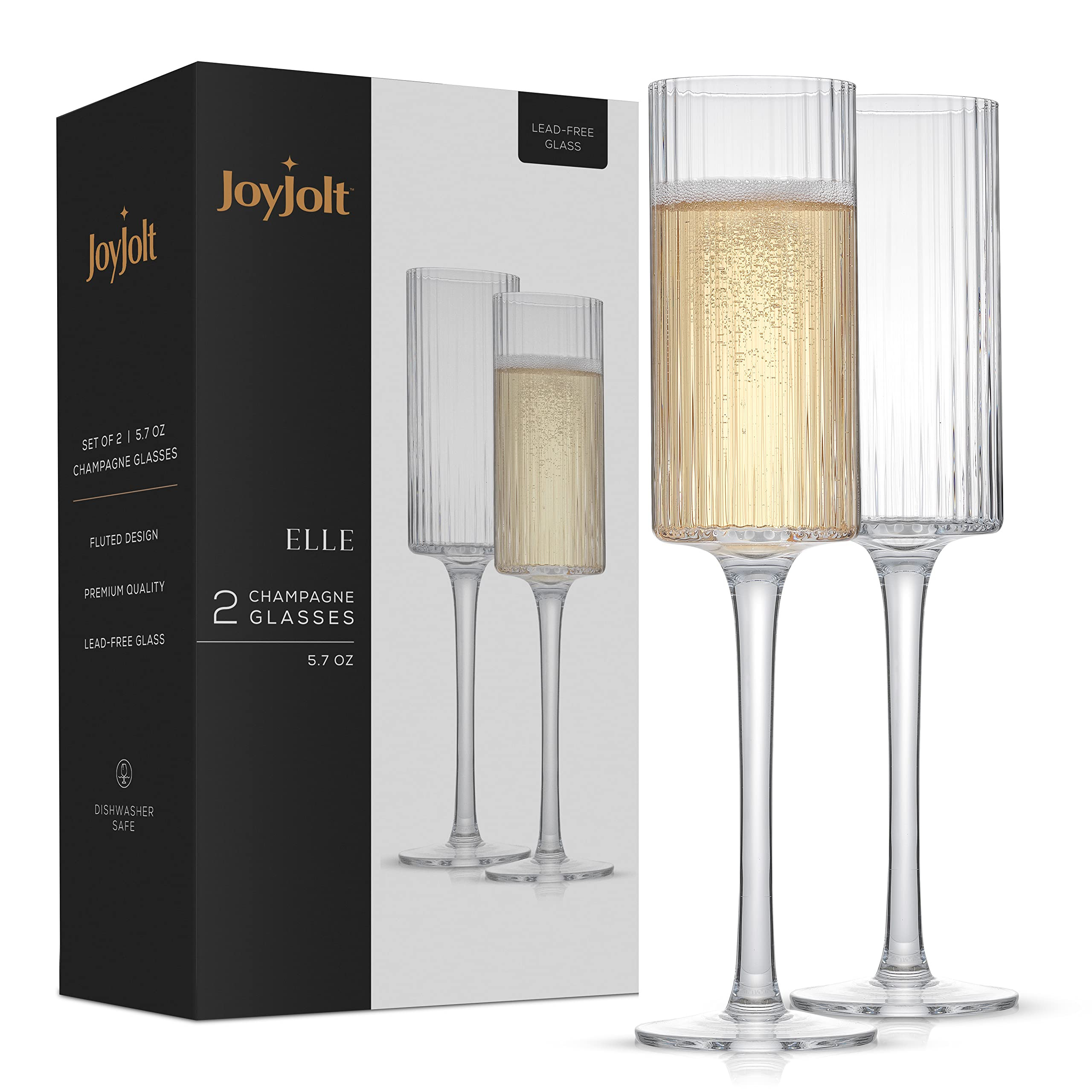 JoyJolt Elle 5.7oz Champagne Glasses, Fluted Glass Flute Set of 2, Vintage Style Unique Drinking ... | Amazon (US)