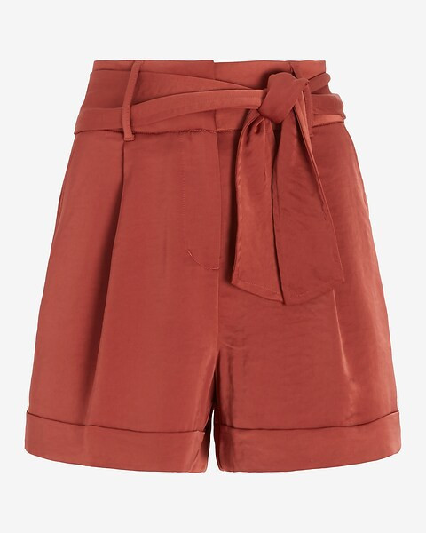 Super High Waisted Satin Tie Belt Tailored Shorts | Express