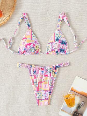 SHEIN Swim Vcay Summer Beach Women's Coconut Tree & Fruit Printed Bikini Set | SHEIN