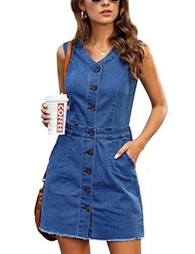 LookbookStore Short Denim Dress for Women Summer Dark Blue Sleeveless Shift Dress V Neck Casual Dress Jeans Button Down Dress Denim with Pockets Frayed Raw Hem Short Denim Dress Size M | Amazon (US)