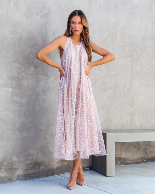 Twinkle And Shine Tulle Sequin Embellished Midi Dress - Mauve | VICI
