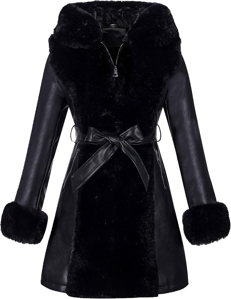 RISISSIDA Luxurious Women Winter Fur Lined Coat, Leather Jacket with Hooded Long Fur Collar, Thic... | Amazon (US)