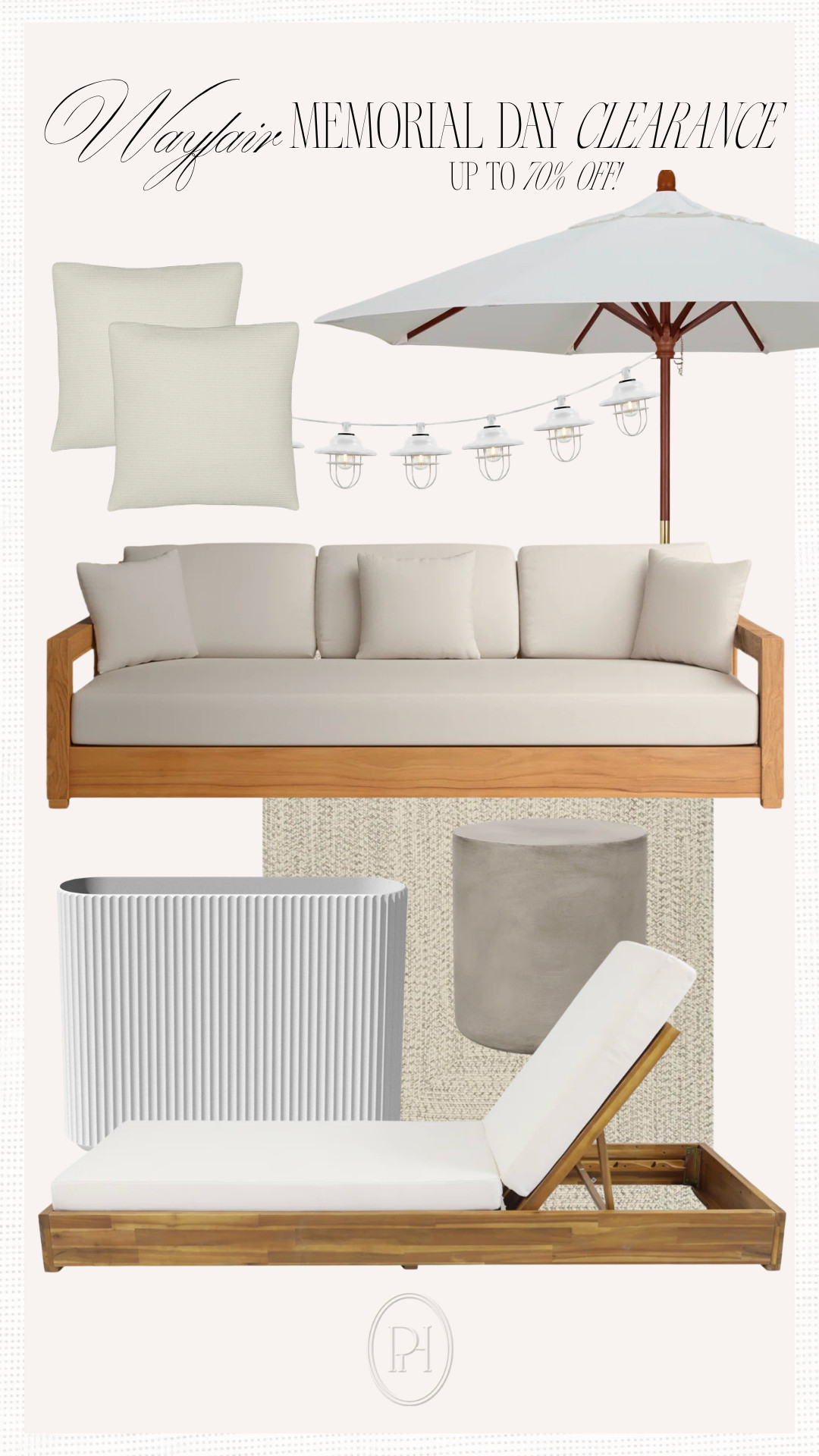 Finds I'm loving for the summer patio that are on sale now with Wayfair's Memorial Day Clearance Sale!

neutral patio, patio furniture, outdoor furniture, patio couch, outdoor couch, chaise lounge, outdoor lounge chair, patio lounge chair, poolside chair, white patio umbrella, white bistro lights, string lights, patio lighting, outdoor pillows, neutral pillows, patio pillows, cafe lights, fluted planter box, ribbed planter, reeded planter, concrete end table, outdoor side table, patio table, neutral patio rug, outdoor rug 

 #LTKSeasonal #LTKHome #LTKSaleAlert