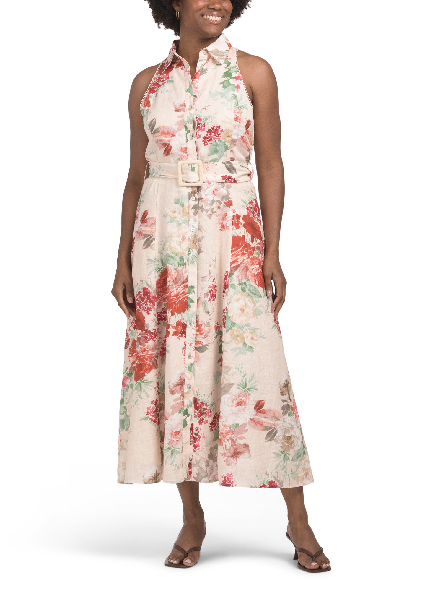 Linen Sleeveless Collar Button Down Maxi Dress With Buckle Belt | TJ Maxx