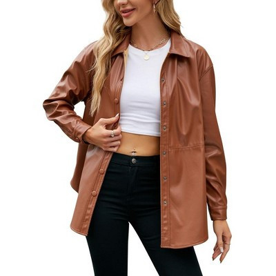 Women's PU Leather Jacket Shacket Button Down Lapel Blazer Coat with Bust Pocket Brown L | Target