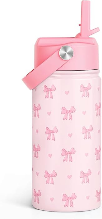 Bow Kids Water Bottle With Straw Lid 12oz Insulated Stainless Steel, Travel Tumbler, Pink Bow Gif... | Amazon (US)