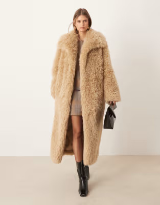 Mango faux fur longline coat with exaggerated collar in beige | ASOS (Global)