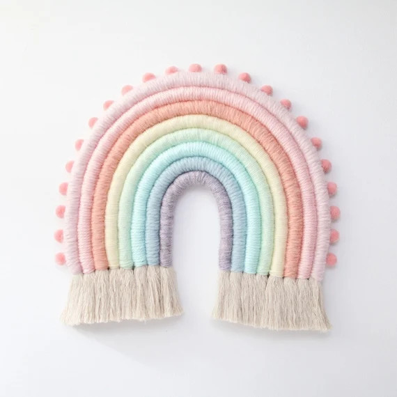 Pastel Large Fiber Rainbow Wall Hanging with Pom Poms | Etsy | Etsy (US)