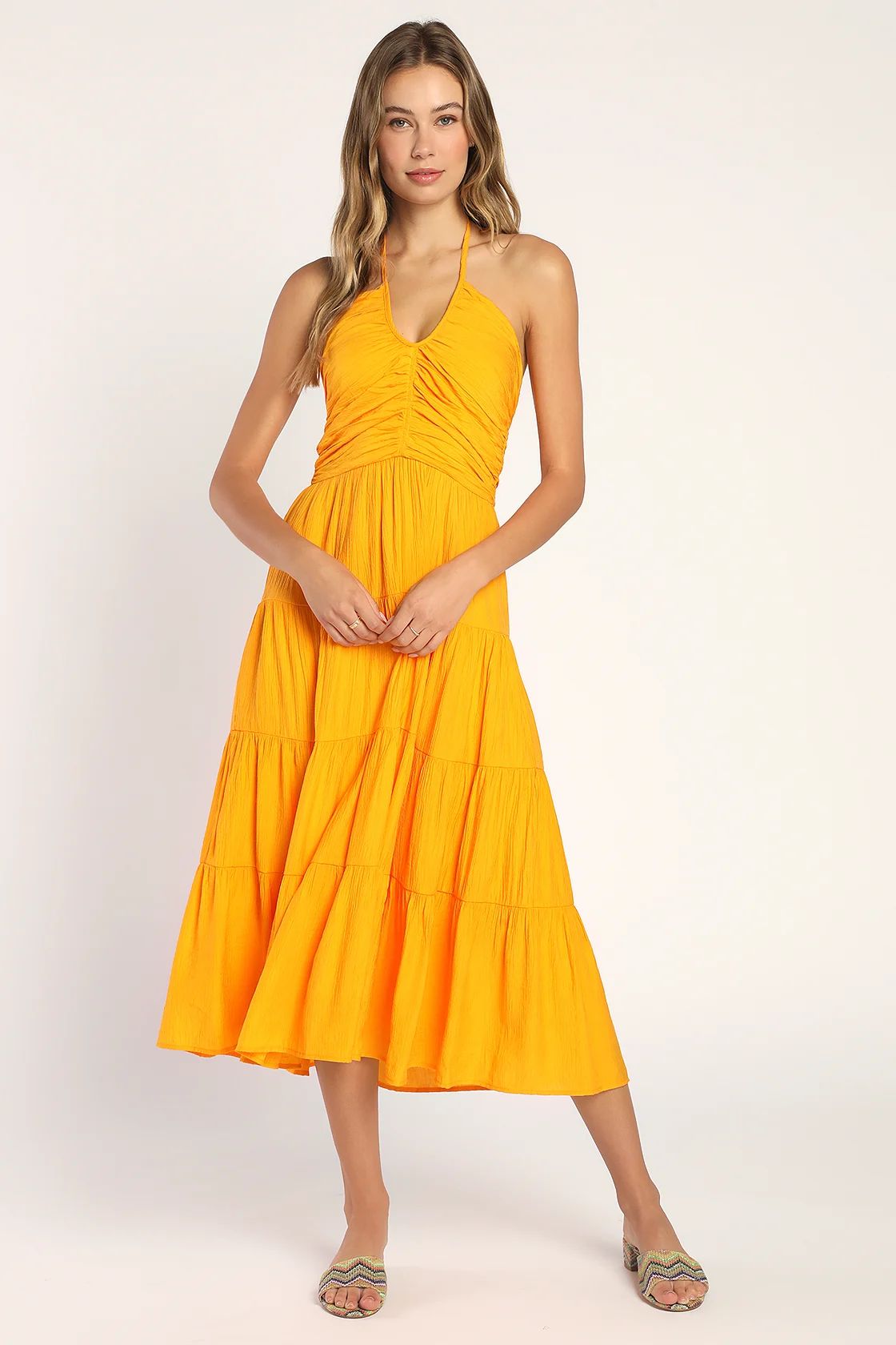 Chasing Sun Marigold Tiered Keyhole Halter Midi Dress | Lulus (US)