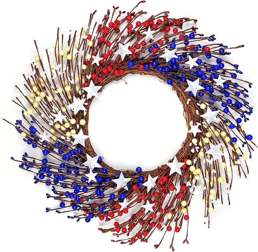 HomeKaren Fourth of July Wreath 18 inch, Patriotic Wreath for Front Door, Red White Blue Wreaths ... | Amazon (US)