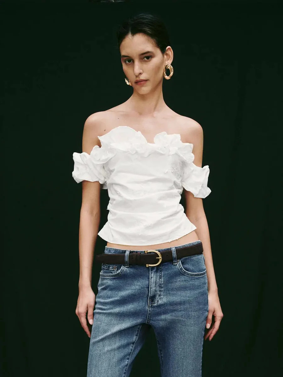 Ruffle Trim Embroidered Boat Neck Cotton Shirts | Urban Revivo