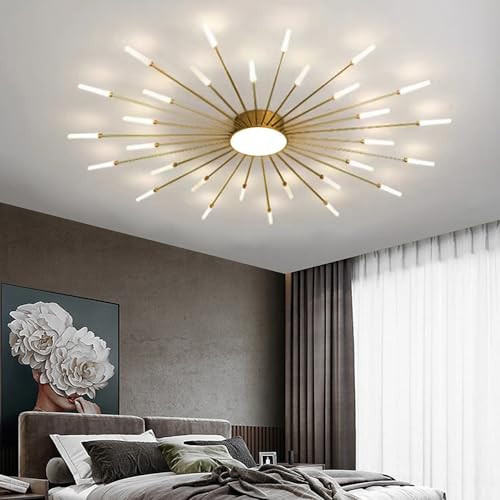 LightInTheBox Modern LED Ceiling Light Sputnik Linear Flush Mount Ceiling Lamp Gold Firework Flower Ceiling Light Fixture for Living Room Dining Room (Gold, 30-Heads, Natural Light) | Amazon (US)