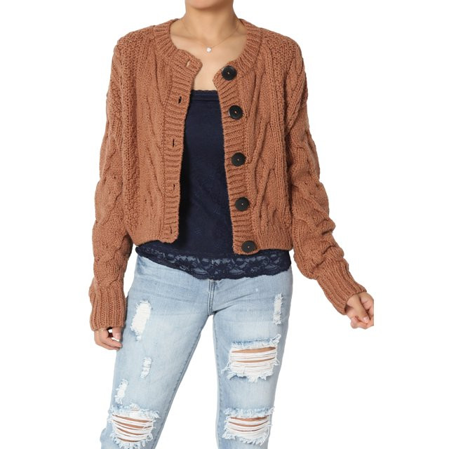TheMogan Women's S~XL Cable Knit Round Neck Button Front Crop Sweater Cardigan | Walmart (US)