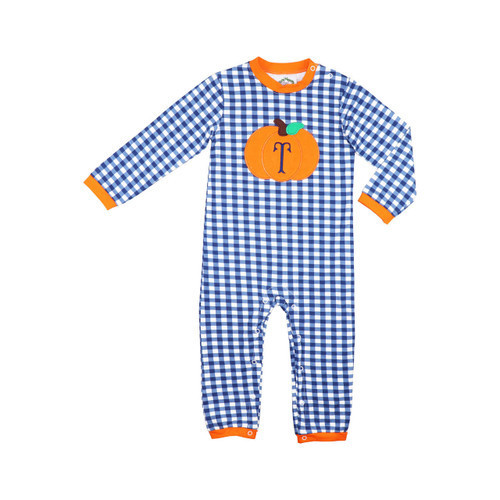 Orange And Navy Check Pumpkin Long Romper | Cecil and Lou