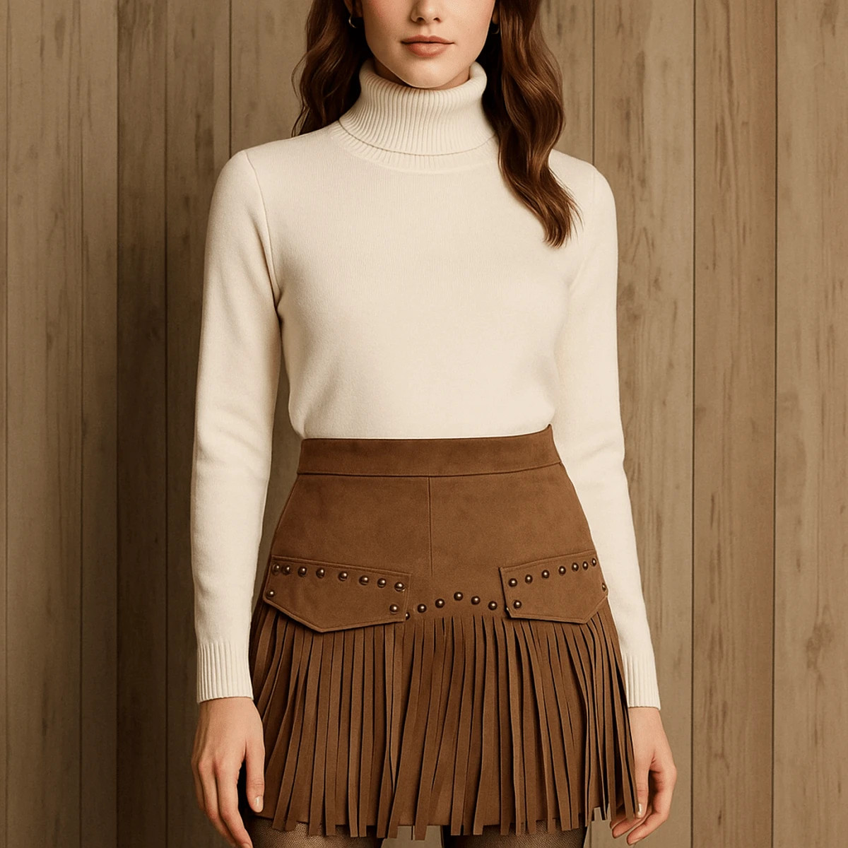 Arave Women's Suede Fabric Rivet Pocket Decoration Tassel Design A-Line Retro Patchwork Design Sh... | SHEIN