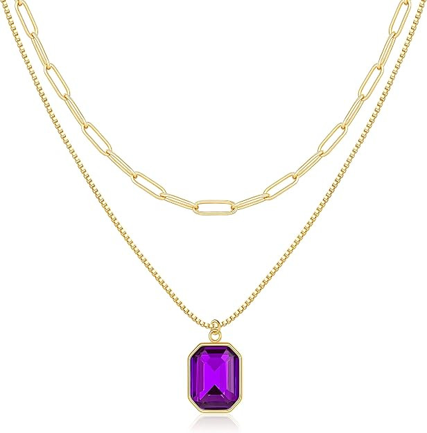 Birthstone Necklace for Women Girl - 14K Gold Plated Dainty Layered Gold Necklace with 12 Month R... | Amazon (US)
