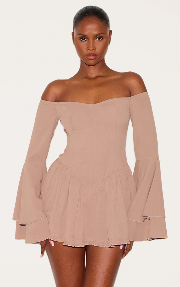 Taupe Bardot Flare Sleeve Romper | PrettyLittleThing US