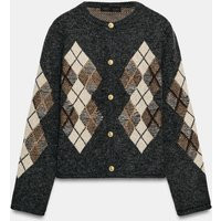 Zara - Argyle Knit Cardigan - Grey - M - Woman | Zara UK