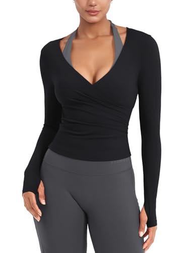 YEOREO Minniy Women Workout Wrap Top Long Sleeve with Thumb Holes V Neck Basic Shirts for Yoga Pi... | Amazon (US)