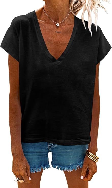 Tankaneo Women V-Neck Short Sleeve Tops Solid Summer Casual Loose Basic T-Shirts Tees | Amazon (US)