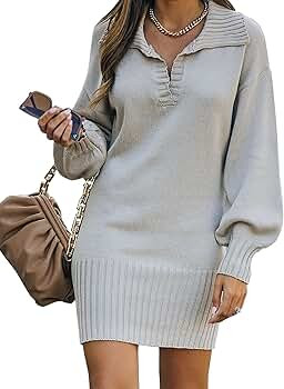 BTFBM Women Casual V Neck Knit Mini Sweater Dresses Long Sleeve Loose Fit Solid Color Ribbed Hem ... | Amazon (US)