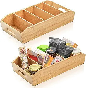 2 Pack Bamboo Pantry Organizers, Storage Bin with Removable Dividers, Divided Snack Oragnizer wit... | Amazon (US)