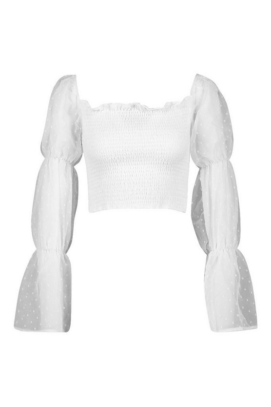 Polka Dot Mesh Shirred Square Neck Crop Top | Boohoo.com (US & CA)