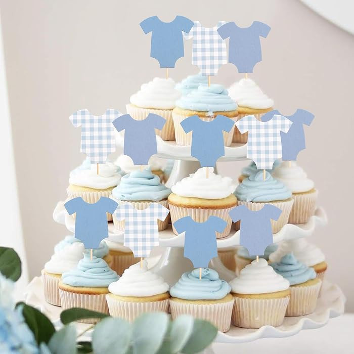 Blue Gingham Baby Shower Bodysuit Cupcake Topper,Blue Gingham Cake Topper | Amazon (US)