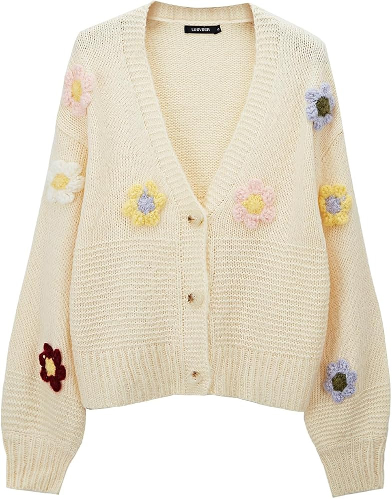 Womens Floral Cropped Cardigan Trendy Fall Y2K Puff Long Sleeve Open Front Button V Neck Knit Swe... | Amazon (US)