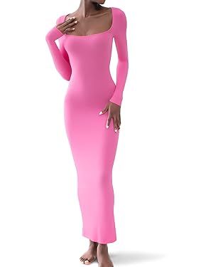 PUMIEY Women's Square Neck Long Sleeve Maxi Dress Ribbed Bodycon Dresses for Women Soft Lounge Dr... | Amazon (US)