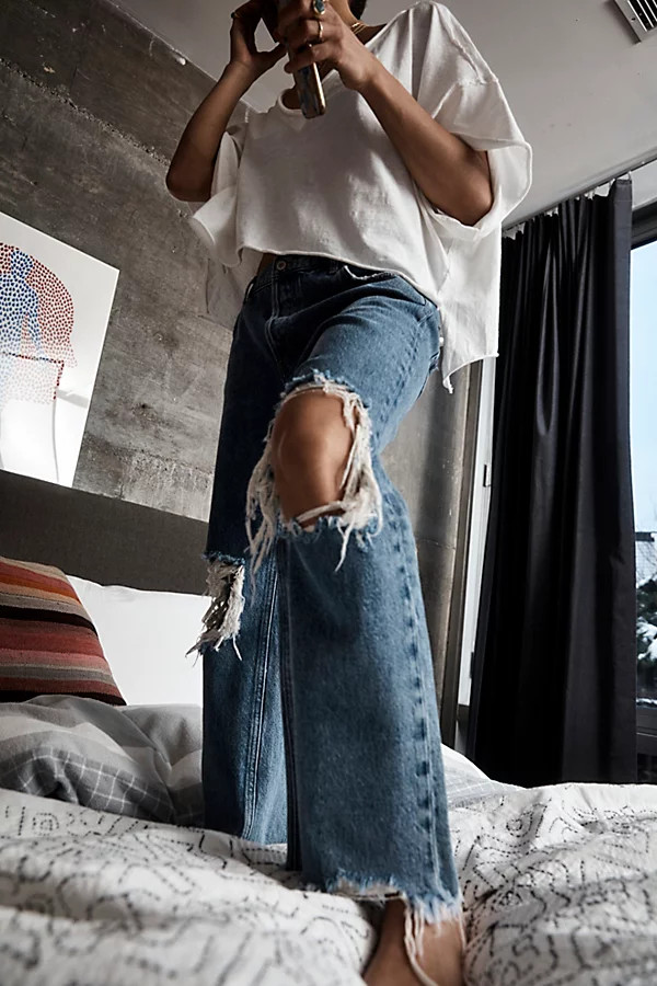 Maggie Mid-Rise Straight-Leg Jeans by We The Free at Free People, Destroyed Light Acid Wash, 25 | Free People (Global - UK&FR Excluded)