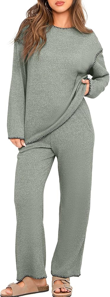 Glamaker Womens 2 Piece Outfit Long Sleeve Lounge Set Knit Sweater Loungewear Pajamas Matching Se... | Amazon (US)