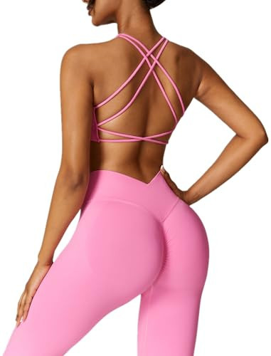 ABOCIW Workout Sets, Seamless V Back Scrunch Lifting Leggings High Waist Yoga Pants Cross Back Strappy Sports Bra 2 Piece Gym Sets Y-Pink Small | Amazon (US)