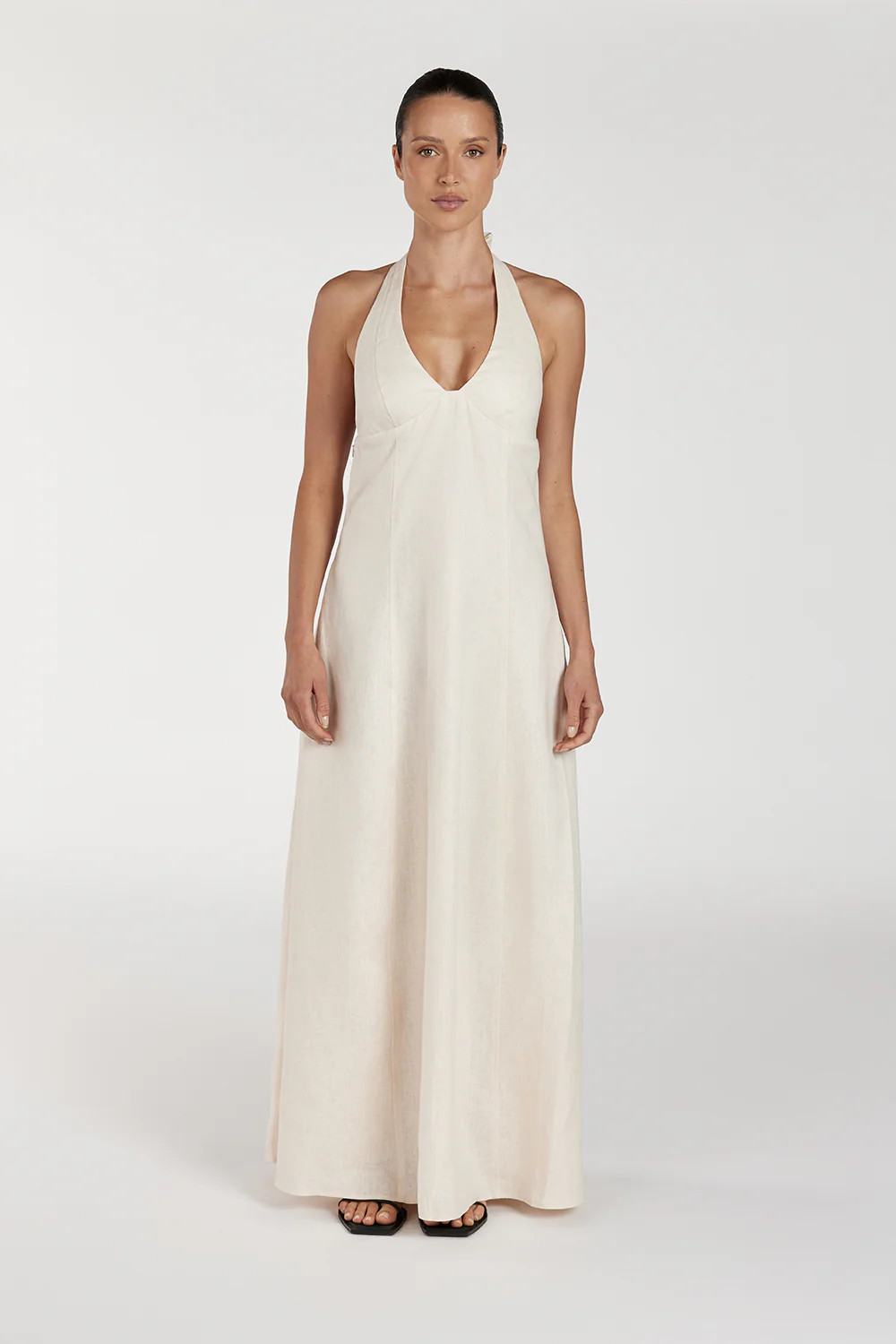 AUDREY CREAM HALTER LINEN DRESS | DISSH