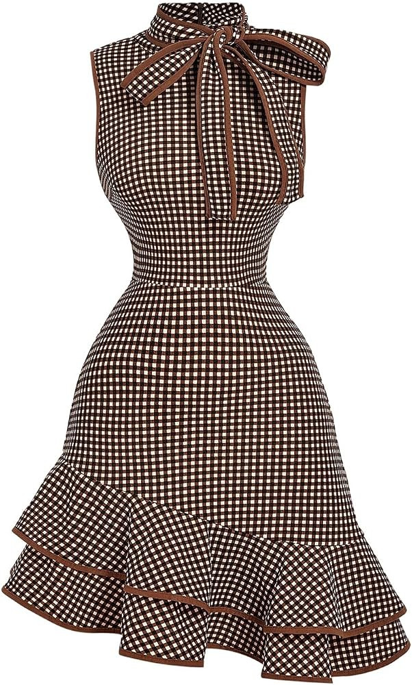 Floerns Women's Plaid Bow Tie Tweed Sleeveless Ruffle Elegant Mini Dress | Amazon (US)