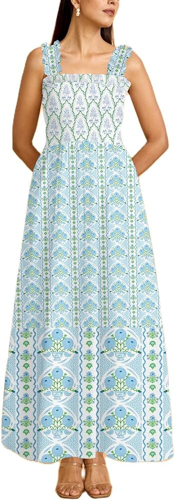 Women Y2k Floral Smocked Maxi Dress Ruffle Strap Square Neck Tiered Flowy Long Dress A Line Boho ... | Amazon (US)