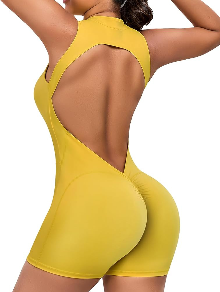 Workout Jumpsuit Zip Up Rompers Open Back Bottom Shorts Bodysuit Bodycon Sexy One Piece Sleeveles... | Amazon (US)