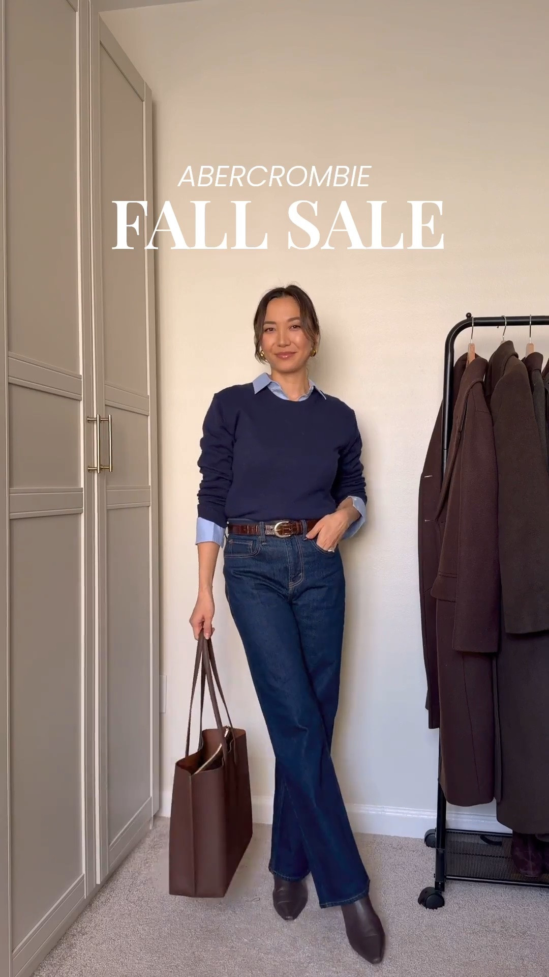 Abercrombie is having an exclusive 2 day sale happening on the LTK app. Copy & paste the code 

Wearing the relaxed jeans from Abercrombie in size 25 reg (I’m 5’4”) — they’re on sale! 

Linked to a few other pieces included in the sale 

Fall outfit / work outfit / jeans