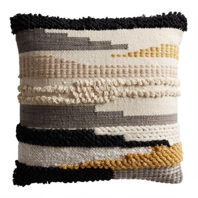 Ivory and Black Tufted Line Indoor Outdoor Throw Pillow | World Market