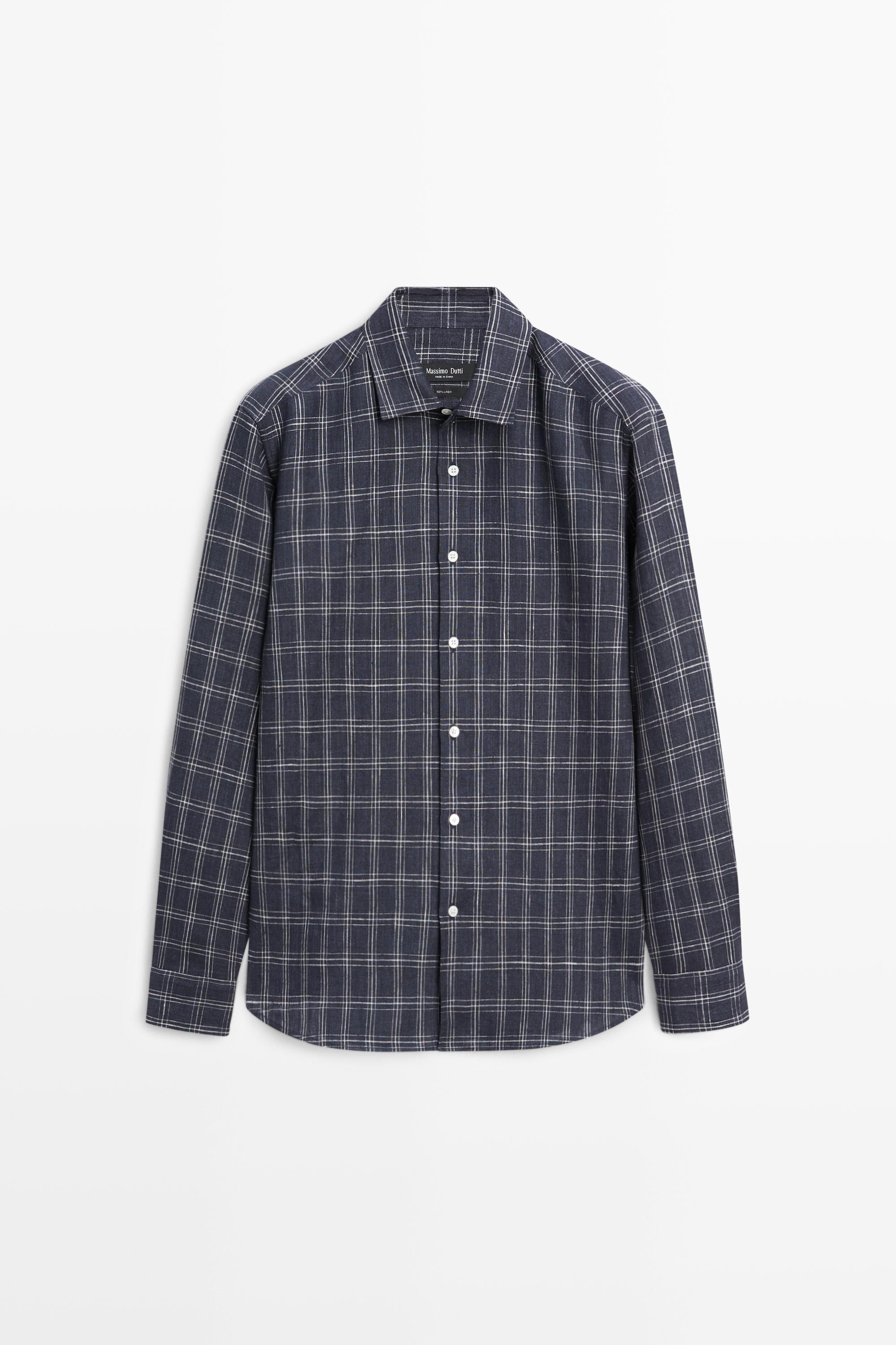 100% linen regular fit check shirt - DARK BLUE | Massimo Dutti UK