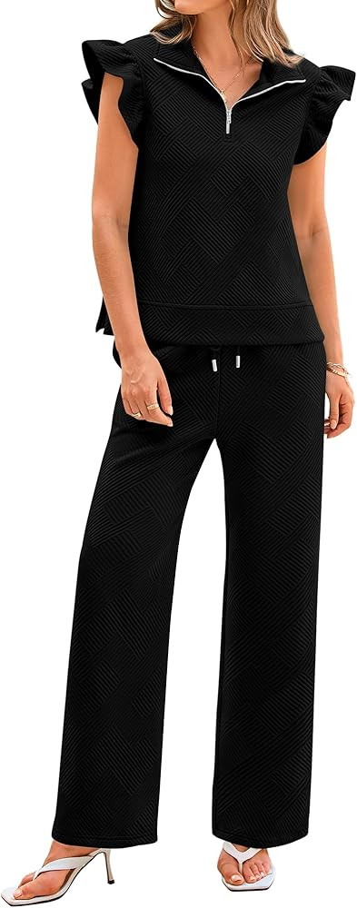 BTFBM Women Summer 2 Piece Sets Airport Outfits Ruffle Cap Sleeve Quarter Zip Top Wide Leg Pants ... | Amazon (US)