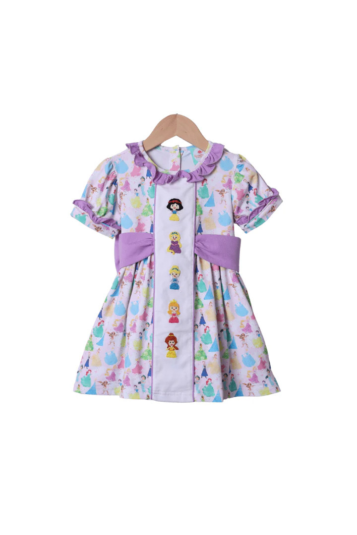 Hand Embroidered Princess Friends Lavender Dress | The Smocked Flamingo