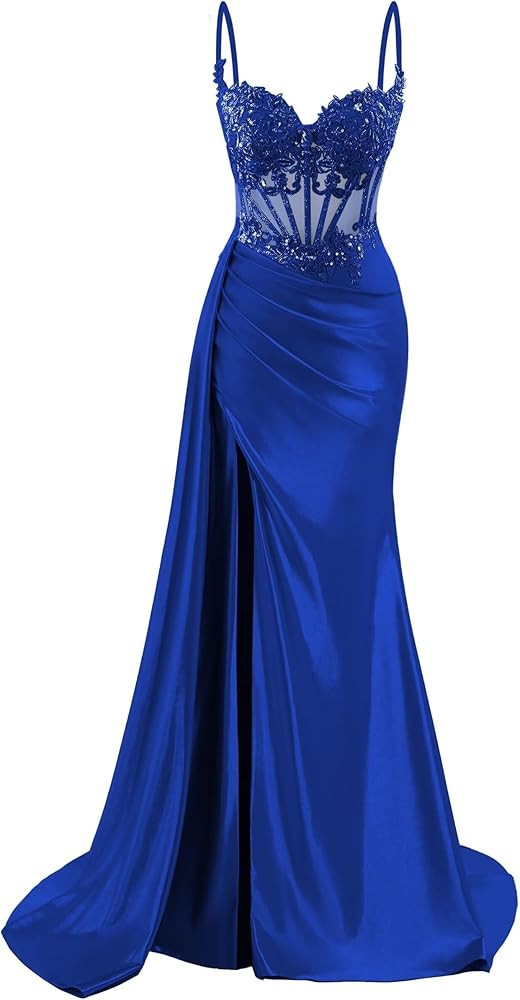 Spaghetti Strap Satin Prom Dresses Long Mermaid Lace Formal Gowns Corset Evening Party Dresses wi... | Amazon (US)