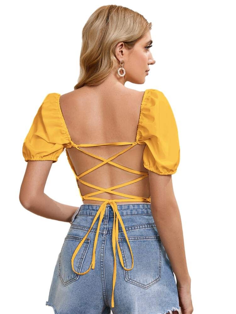 Lace Up Back Ruched Front Crop Top | SHEIN