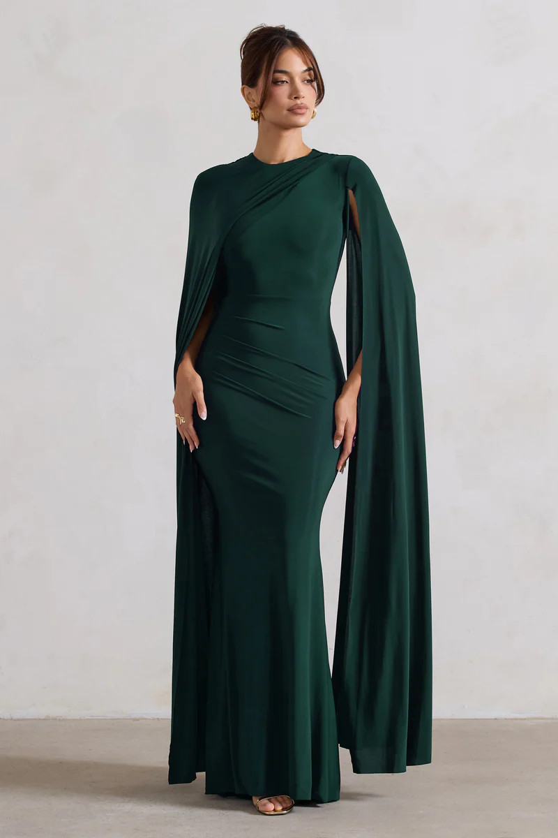 Magdelena | Bottle Green Asymmetric Cape Maxi Dress | Club L London