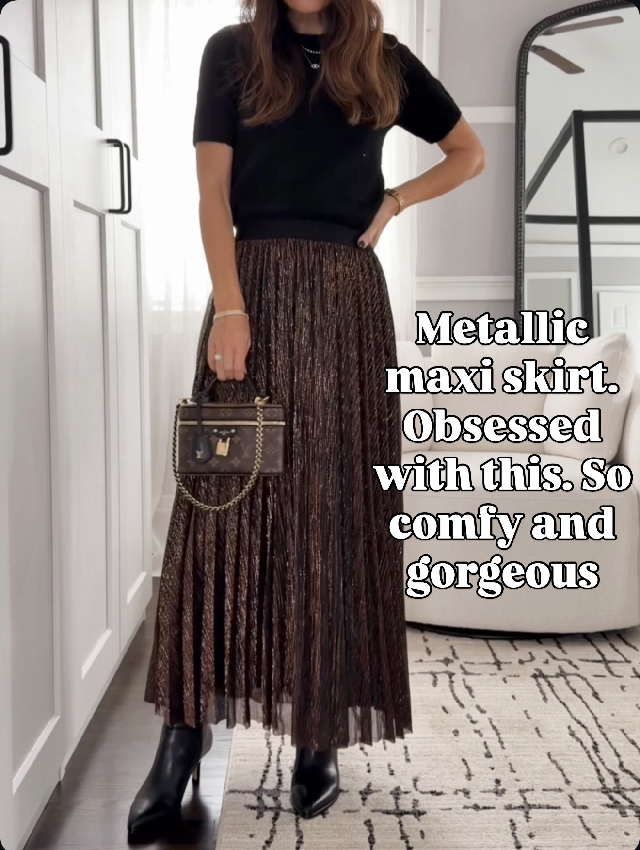 Metallic maxi skirt that looks dressed up but feels insanely comfy ✨ 🔗⬇️ 

#LTKHoliday #LTKOver40 #LTKSeasonal
