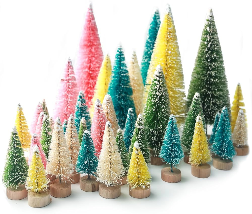 LOVEINUSA 40PCS Colorful Mini Christmas Trees, Snow Frosted Sisal Trees Colored Bottle Brush Xmas Trees with Wooden Base for Xmas Winter Home Table Decoration | Amazon (US)