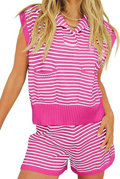 Imily Bela Womens 2 Piece Outfits Sweater Sets Striped Knit Sleeveless Pullover Top Shorts Lounge... | Amazon (US)